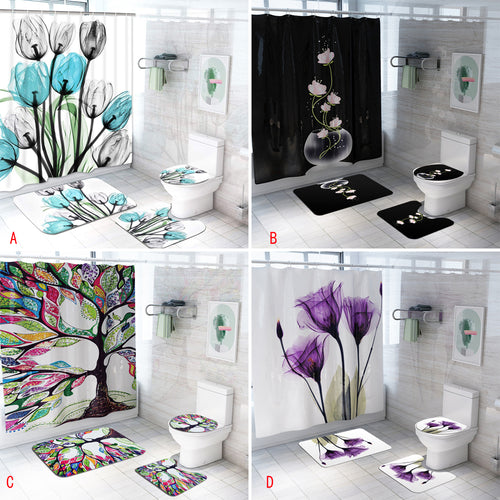 Colorful Tulip Lotus Flowers Trees Shower Curtain Sets Non-Slip Rugs Toilet Lid Cover and Bath Mat