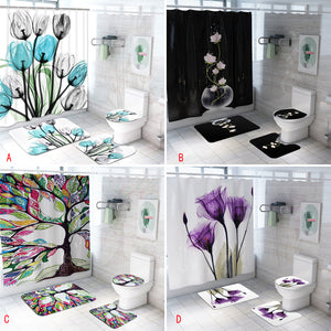 Colorful Tulip Lotus Flowers Trees Shower Curtain Sets Non-Slip Rugs Toilet Lid Cover and Bath Mat