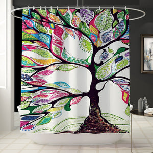 Colorful Tulip Lotus Flowers Trees Shower Curtain Sets Non-Slip Rugs Toilet Lid Cover and Bath Mat