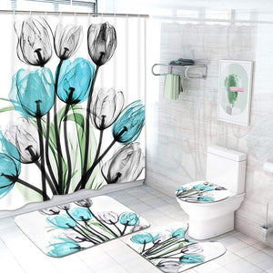 Colorful Tulip Lotus Flowers Trees Shower Curtain Sets Non-Slip Rugs Toilet Lid Cover and Bath Mat