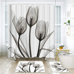 Colorful Tulip Lotus Flowers Trees Shower Curtain Sets Non-Slip Rugs Toilet Lid Cover and Bath Mat