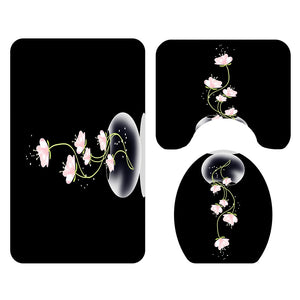 Colorful Tulip Lotus Flowers Trees Shower Curtain Sets Non-Slip Rugs Toilet Lid Cover and Bath Mat