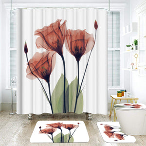 Colorful Tulip Lotus Flowers Trees Shower Curtain Sets Non-Slip Rugs Toilet Lid Cover and Bath Mat