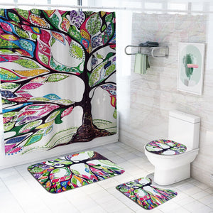 Colorful Tulip Lotus Flowers Trees Shower Curtain Sets Non-Slip Rugs Toilet Lid Cover and Bath Mat