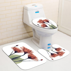 Colorful Tulip Lotus Flowers Trees Shower Curtain Sets Non-Slip Rugs Toilet Lid Cover and Bath Mat