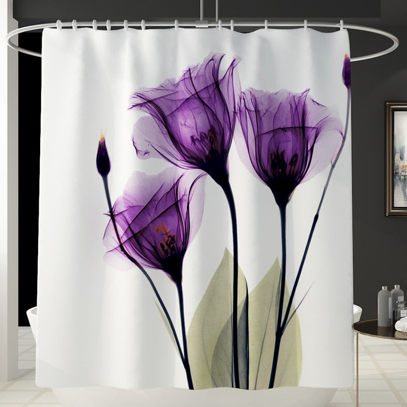 Colorful Tulip Lotus Flowers Trees Shower Curtain Sets Non-Slip Rugs Toilet Lid Cover and Bath Mat